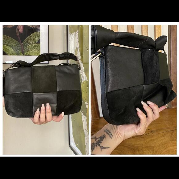 ASOS DESIGN Leather and Suede Weave Handbag Black with Knotted Top Handle - Picture 5 of 10